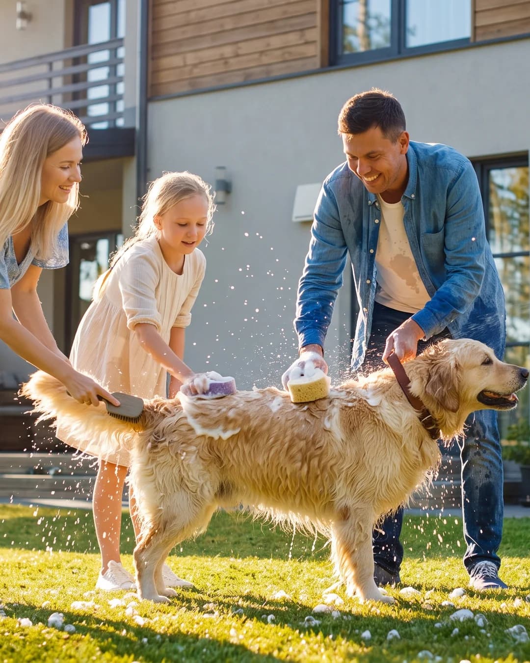 Modern müstakil bir evin bahçesinde ailesiyle birlikte vakit geçiren aile.